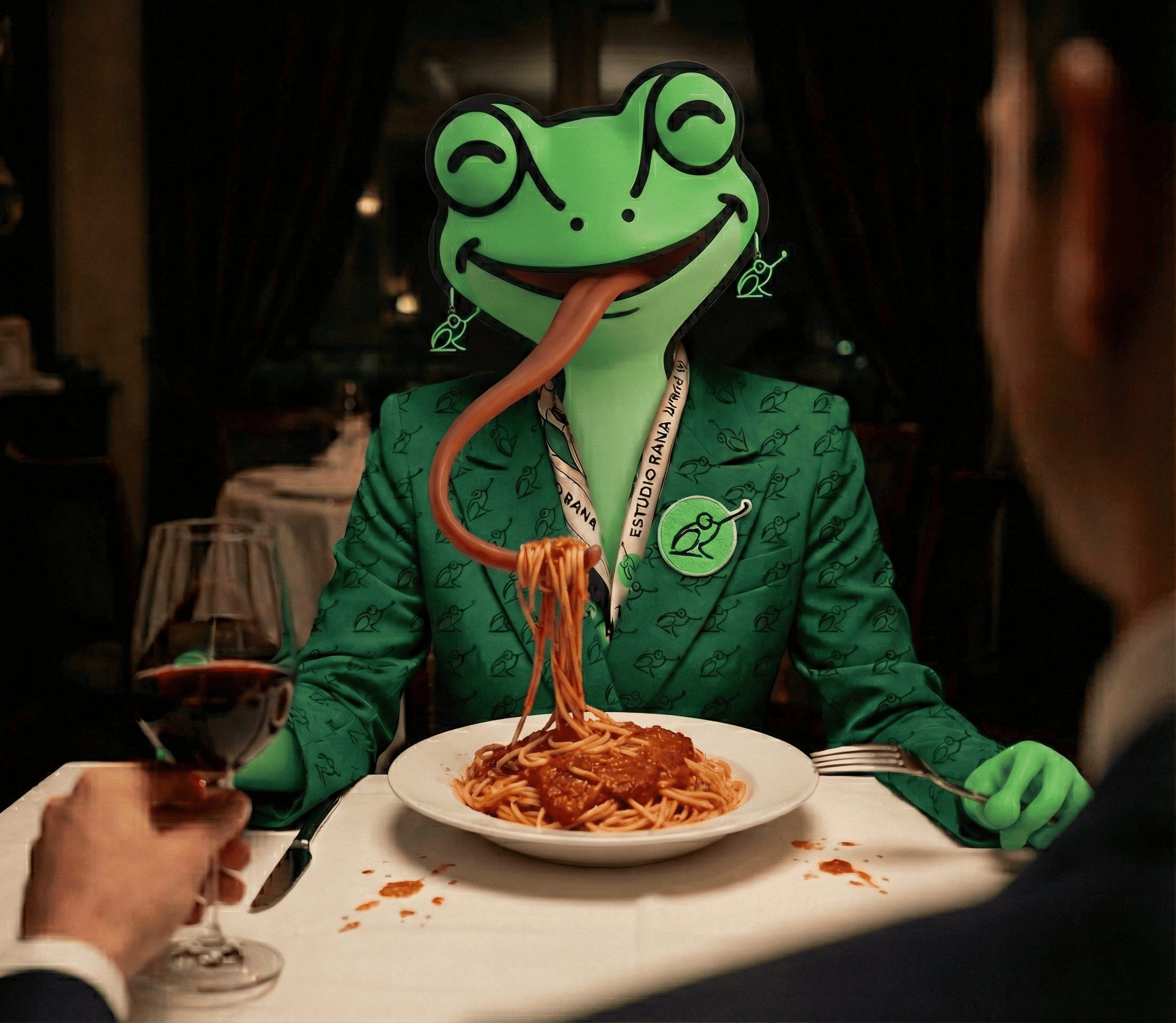 Vista en primera persona de una cena romántica donde la cita es el logotipo de la rana de Estudio Rana personificado, vistiendo un traje corporativo verde con el logo estampado y comiendo un plato de espaguetis con una larga lengua.
